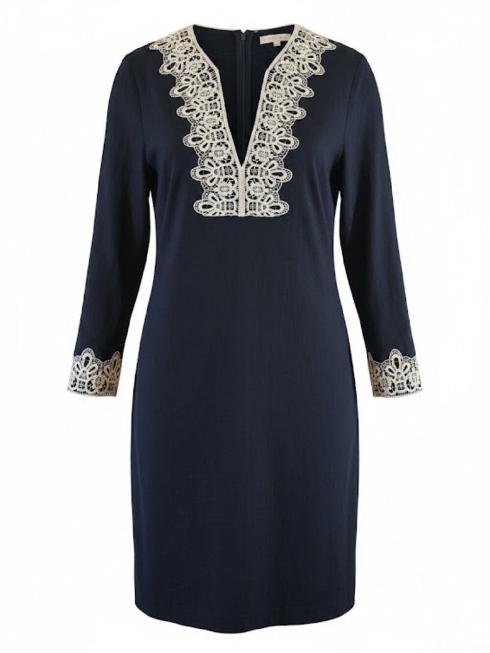 Linen blend shift dress Preston & York navy blue white lace trim size 10